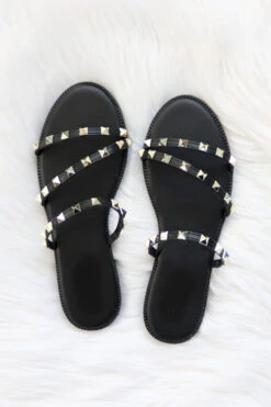 Strappy Studded Sandals With Diagonal Straps-Black