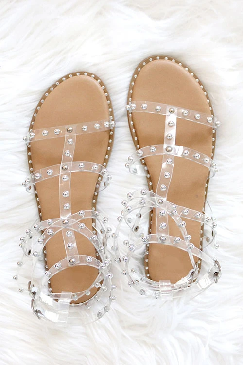 Clear Strappy Studded Sandals With Vertical And Ankle Strap And Studded Sole-Tan & Clear 1 Clear Strappy Studded Sandals With Vertical And Ankle Strap And Studded Sole-Tan & Clear