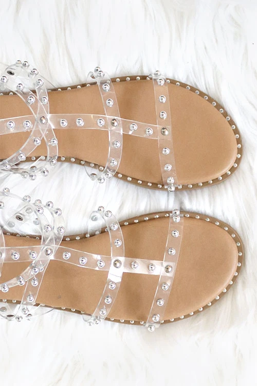 Clear Strappy Studded Sandals With Vertical And Ankle Strap And Studded Sole-Tan & Clear 2 Clear Strappy Studded Sandals With Vertical And Ankle Strap And Studded Sole-Tan & Clear - Image 2