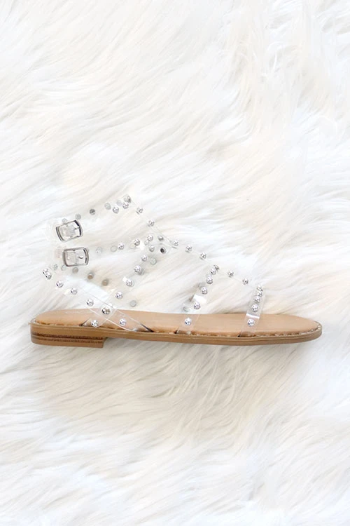 Clear Strappy Studded Sandals With Vertical And Ankle Strap And Studded Sole-Tan & Clear 3 Clear Strappy Studded Sandals With Vertical And Ankle Strap And Studded Sole-Tan & Clear - Image 3