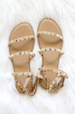 Strappy Studded Sandals With Ankle Strap And Gold Trim-Taupe
