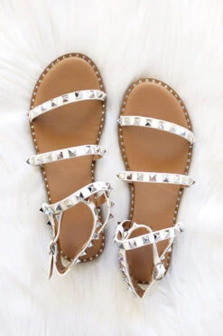 Strappy Studded Sandals With Ankle Strap And Gold Trim-White