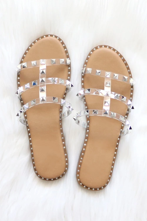Strappy Studded Sandals With Vertical Strap And Gold Trim-Tan & Clear 1 Strappy Studded Sandals With Vertical Strap And Gold Trim-Tan & Clear