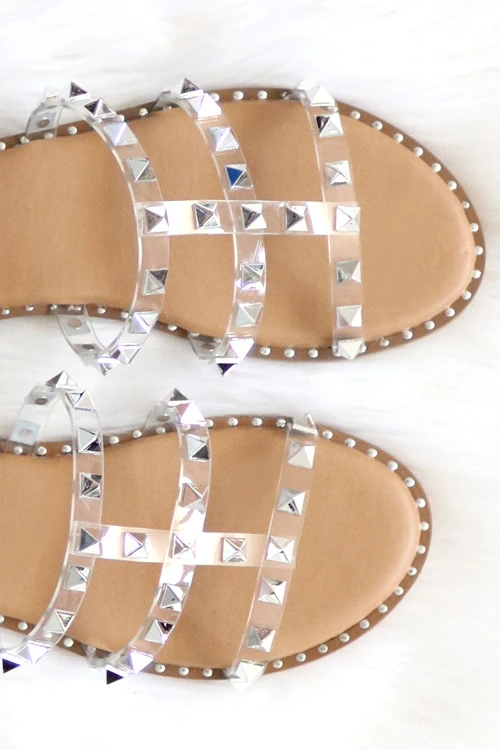 Strappy Studded Sandals With Vertical Strap And Gold Trim-Tan & Clear 2 Strappy Studded Sandals With Vertical Strap And Gold Trim-Tan & Clear - Image 2