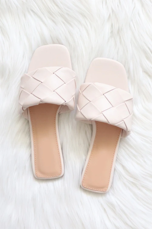 Woven Single Band Slides Sandals-Off White Ivory 1 Woven Single Band Slides Sandals-Off White Ivory