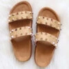 Studded Double Strap Platform Sandals Slides-Tan Brown