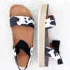 Espadrille Low Platform Flats Sandals With Ankle Strap-Black And White Cow Print