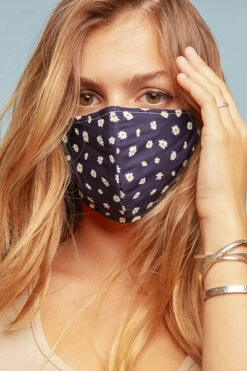 Cotton Washable Face Mask Reusable Cloth Face Covering With Slot For Filter-Navy Blue Daisy Floral Print