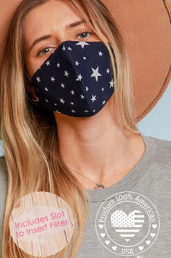 Stretch Cotton Washable Face Mask Reusable Cloth Face Covering With Filter Pocket-Navy Blue Stars