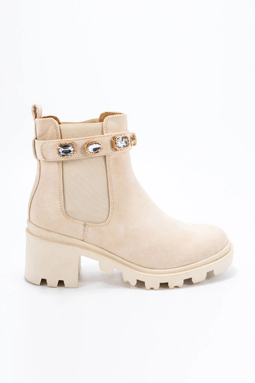 Rhinestone Ankle Chelsea Boots With Lug Sole Chunky Heel-Beige 1 Rhinestone Ankle Chelsea Boots With Lug Sole Chunky Heel-Beige
