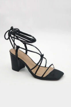 Lace Up Strappy Sandals With Low Chunky Heel-Black
