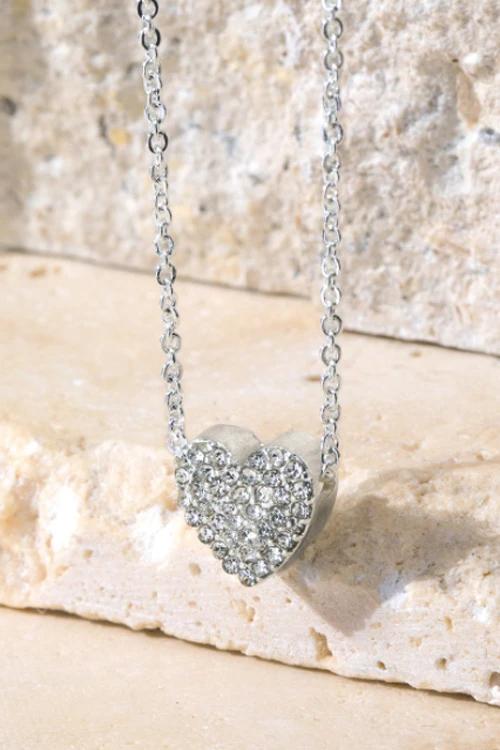 Rhinestone Heart Charm Chain Necklace-Silver 1 Rhinestone Heart Charm Chain Necklace-Silver