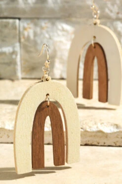 Retro Wood Two Tone Rainbow Arch Earrings-Off White And Brown