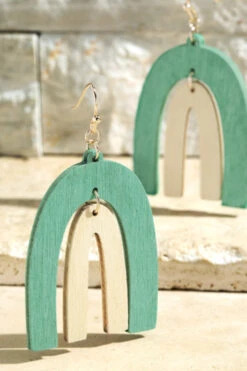 Retro Wood Two Tone Rainbow Arch Earrings-Turquoise And Off White
