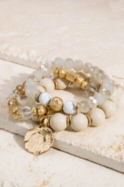 Mixed Bead Stone And Gold Coin Charm Bracelet Set-Ivory Off White