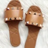 Studded Single Band Sandals Slides-Tan Brown