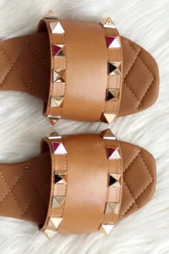 Studded Single Band Sandals Slides-Tan Brown -LumiWear Store hazy 181 tan3