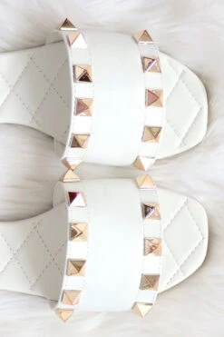 Studded Single Band Sandals Slides-White -LumiWear Store hazy 181 white3
