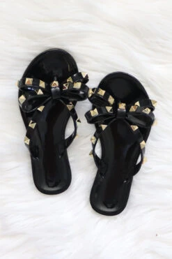 KIDS Girls Studded Bow Flip Flops Jelly Sandals-Black