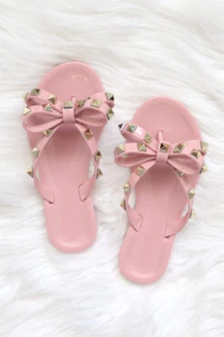 KIDS Girls Studded Bow Flip Flops Jelly Sandals-Pink