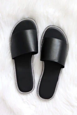 Rhinestone Trim Single Band Sandals Slides-Black