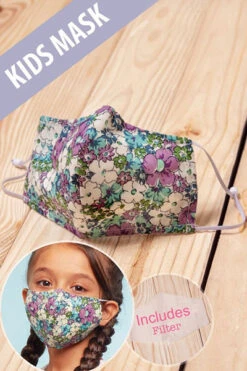 Kids Cotton Washable Face Mask Reusable Cloth Face Covering With Slot For Filter-Purple Floral Print