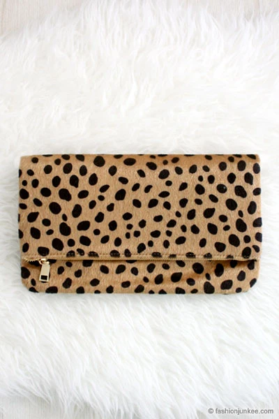Foldover Cheetah Leopard Animal Print Faux Fur Clutch-Leopard Print 1 Foldover Cheetah Leopard Animal Print Faux Fur Clutch-Leopard Print