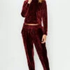 DOOR BUSTER: Solid Velour Long Sleeve Top And Joggers Pants Lounge Set (2 Piece Set)-Burgundy Dark Red