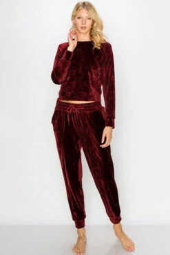 DOOR BUSTER: Solid Velour Long Sleeve Top And Joggers Pants Lounge Set (2 Piece Set)-Burgundy Dark Red