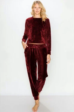 DOOR BUSTER: Solid Velour Long Sleeve Top And Joggers Pants Lounge Set (2 Piece Set)-Burgundy Dark Red -LumiWear Store lounge set velour yps3451 burgundy3