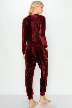 DOOR BUSTER: Solid Velour Long Sleeve Top And Joggers Pants Lounge Set (2 Piece Set)-Burgundy Dark Red -LumiWear Store lounge set velour yps3451 burgundy4