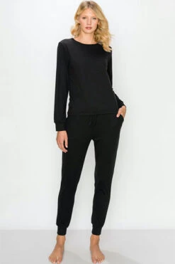 DOOR BUSTER: Solid Long Sleeve Top And Joggers Pants Lounge Set (2 Piece Set)-Black