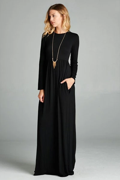 Solid Jersey Long Sleeve Maxi Dress With Hidden Pockets-Black 1 Solid Jersey Long Sleeve Maxi Dress With Hidden Pockets-Black