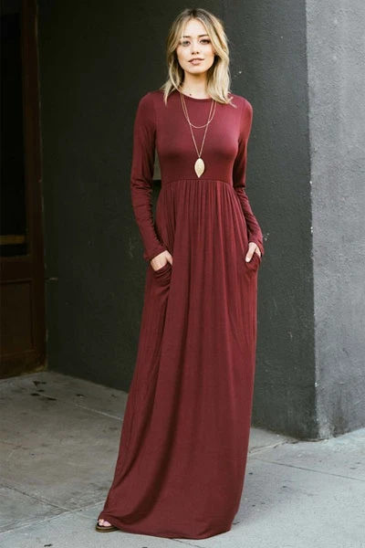 Solid Jersey Long Sleeve Maxi Dress With Hidden Pockets-Black 2 Solid Jersey Long Sleeve Maxi Dress With Hidden Pockets-Black - Image 2