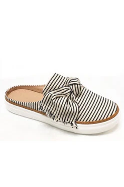 Open Back Pin Strip Bow Casual Slip On Flat Sneakers Shoes-Black & White