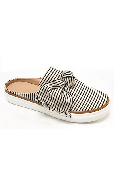 Open Back Pin Strip Bow Casual Slip On Flat Sneakers Shoes-Black & White 1 Open Back Pin Strip Bow Casual Slip On Flat Sneakers Shoes-Black & White