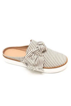 Open Back Pin Strip Bow Casual Slip On Flat Sneakers Shoes-Light Grey & White