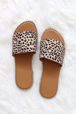 FLASH DEAL: Single Band Gold Trim Sandals Slides-Leopard Print (Size 6.5)