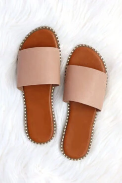 Single Band Gold Trim Sandals Slides-Natural Nude