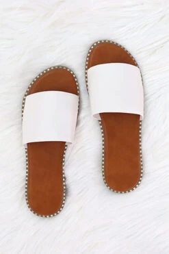 Single Band Gold Trim Sandals Slides-White