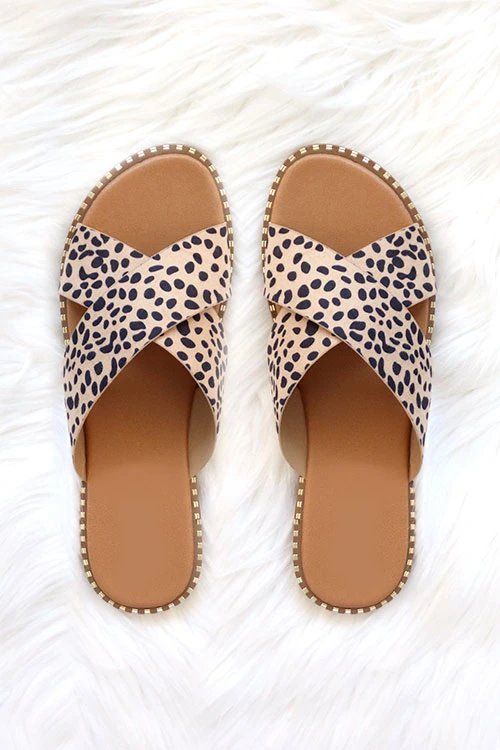 X Cross Band Gold Trim Sandals Slides-Cheetah Leopard 1 X Cross Band Gold Trim Sandals Slides-Cheetah Leopard