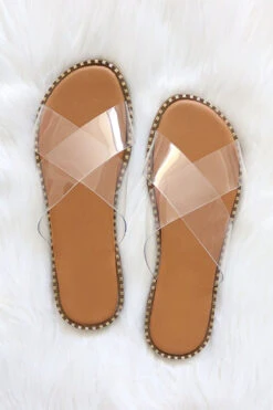 X Cross Band Gold Trim Sandals Slides-Clear
