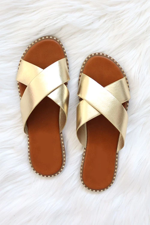 X Cross Band Gold Trim Sandals Slides-Gold 1 X Cross Band Gold Trim Sandals Slides-Gold