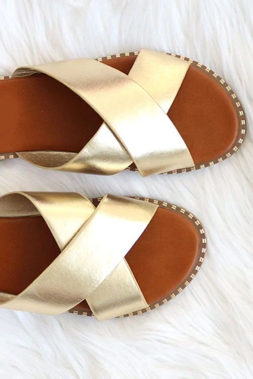 X Cross Band Gold Trim Sandals Slides-Gold 2 X Cross Band Gold Trim Sandals Slides-Gold - Image 2