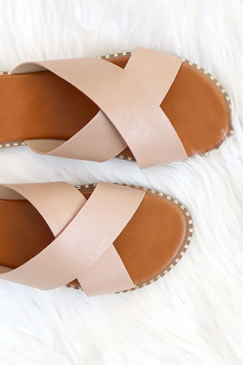 X Cross Band Gold Trim Sandals Slides-Natural Nude 2 X Cross Band Gold Trim Sandals Slides-Natural Nude - Image 2
