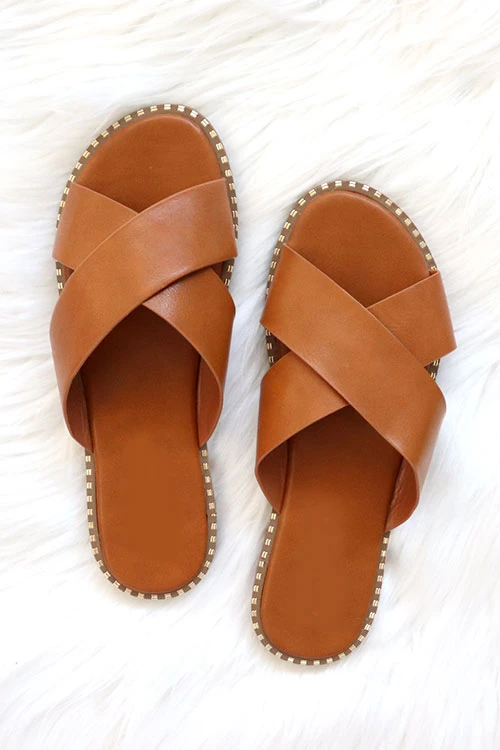 X Cross Band Gold Trim Sandals Slides-Tan Brown 1 X Cross Band Gold Trim Sandals Slides-Tan Brown