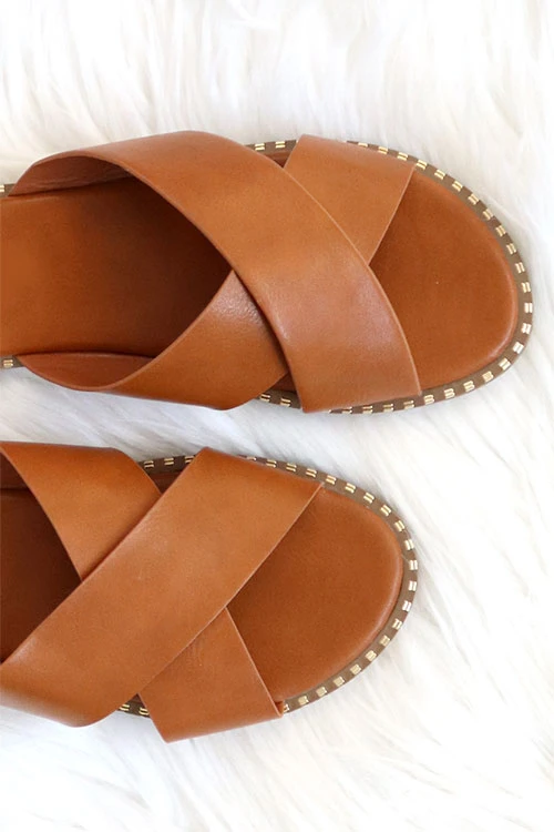 X Cross Band Gold Trim Sandals Slides-Tan Brown 2 X Cross Band Gold Trim Sandals Slides-Tan Brown - Image 2