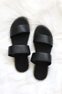 Double Band Gold Trim Sandals Slides-Black