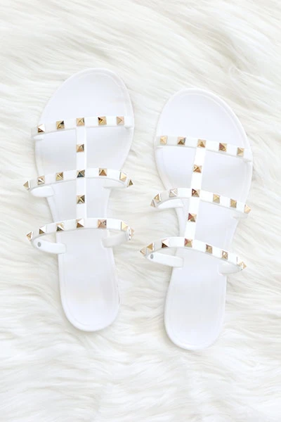 Strappy Studded Flip Flops Jelly Sandals-White 1 Strappy Studded Flip Flops Jelly Sandals-White