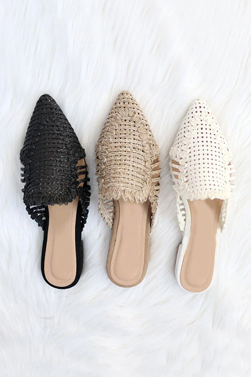 Raffia Pointy Toe Closed Toe Flat Mules Sandals Slides-White 3 Raffia Pointy Toe Closed Toe Flat Mules Sandals Slides-White - Image 3